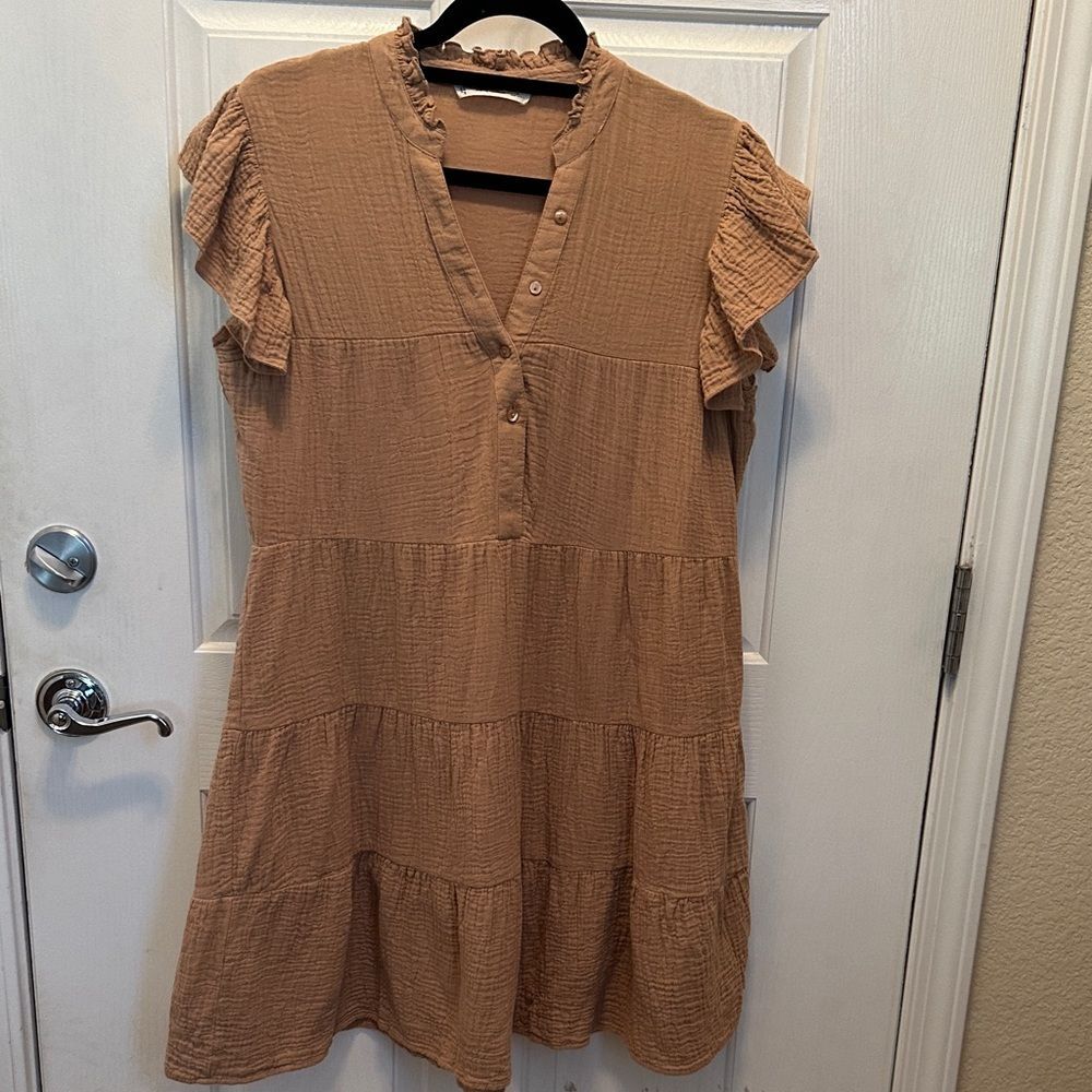 Salty Lemon Chic Ruffled Sleeve 100% Cotton Tan Mini Midi Boho Dress Size L